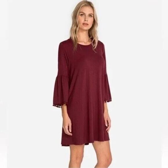 Johnny Was Calme Dresses & Skirts - JOHNNY WAS CALME Flute Sleeve Swing Dress Womens Medium Burgundy Maroon Pom Pom